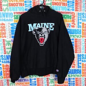 Champion Maine Black Bears Hoodie Size L Reverse Weave Puff Print Pullover Black